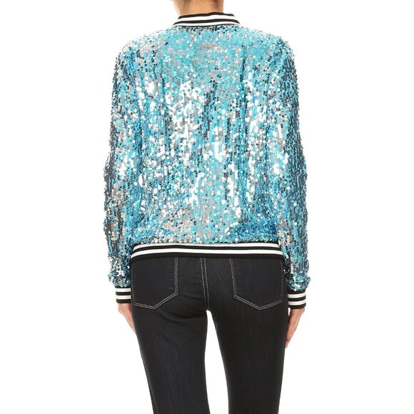Brand New Women Blue Polyester Anna-Kaci Sequin Long Sleeve Front Zip Jacket Rib - Picture 2 of 6